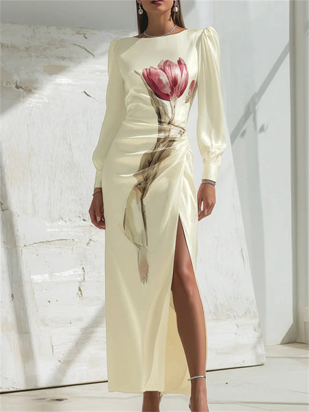 Women Elegant Floral Printed High Split Evening Maxi Dresses Long Puff Sleeves Pleated Date Night Party Dress