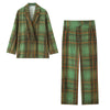 American Retro Autumn Women's Simple Plaid Suit Collar Long-sleeved Coat Wide-leg Trousers 2-piece Set Female