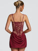 Lace Corset Mini Dress Women Square Neck Wide Strap Ruched Satin Bodycon Short Dress Club Party Cocktail Vestidos
