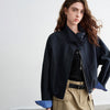 Women Slub Cotton Jackets Spring Cropped Tulip Silhouette Striped Cuff - Turn Up Stand Collar Tops