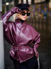 Lady Retro Burgundy Belted Leather Jacket Solid Stand Collar Long-sleeved Cropped Coat Women Daily Street Outerwear
