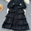 High End Party Ruffles Runway Dresses Women Lantern Sleeve Lace-up Loose Stretch Celebrity Beautiful Long Dress