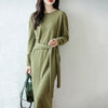 Women Wool Dress Sweater 100% Merino Wool Knitted Self-belt Long Skirt Autumn Winter Round Neck Pullover Cashmere Straight Skirt