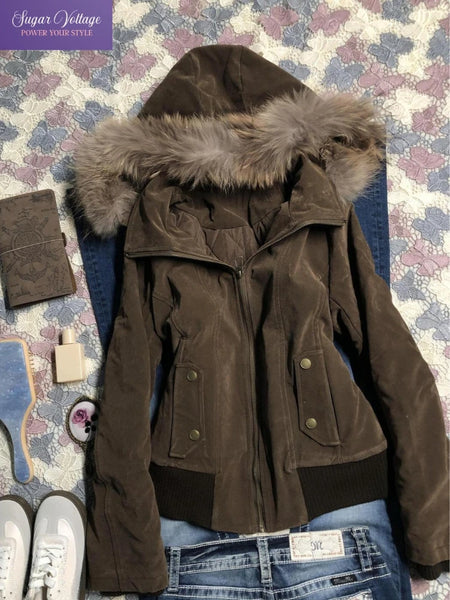 Winter American Vintage Harajuku Hooded Jacket Women Slim Brown Fur Collar Short Coat Casual Streetwear Chic Outerwear