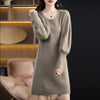 Autumn Winter 100% Mink Cashmere Knit Long Skirt Women Scoop Neck Knee-length Dress Casual Warm Jumper Cashmere Base Shirt Top
