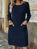 Fall Women Plus Size Midi Dress, Solid Round Neck Long Sleeve Casual Dress with Pockets, Loose Daily Wear Dress for Ladies