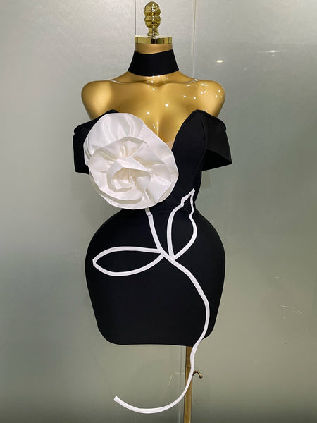 Women Sexy Off Shoulder White Flower Black Mini Bodycon Bandage Dress Celebrity Evening Club Elegant Party Gowns