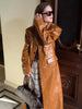 Brown Croc Embossed Faux Leather Long Trench Coat Lapel Single Breasted Straight Long Front Pockets Women Vintage Autumn Winter