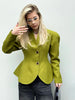 Women Elegant Peplum Blazer Olive Green Slim Fit Flared Hem Jacket Vintage Puff Sleeve Office Lady Coat