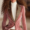 Elegant Leopard Velvet Patchwork Jackets Blazer Single Button Pockets Notched Collar Office Lady Autumn Jackets