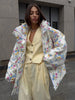 Thicken Women Puffer Jacket Oversize Stand Up Collar Zipper Floral Print Warm Cotton Filled Coat Autumn Winter