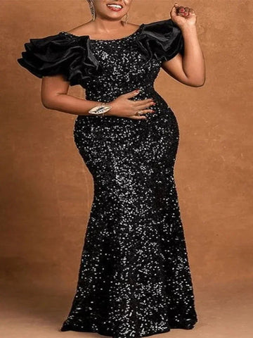 Women Glitter Dress Elegant Black Fishtail Sequin Maxi Dresses Vintage Ruffle Sleeve Party Celebrity Wedding Guest Dresses Robe