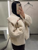 Soft Fleece Jacket For Women Elegant Oversized Lapel Long Sleeve Zipper Cropped Coat Lady Spring Casual Outerwear