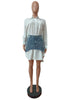 Vintage Women Long Sleeve Turn-down Collar Shirt Blouse Style Dress with Denim Jean Irregular Mini Skirt Two 2 Piece Set
