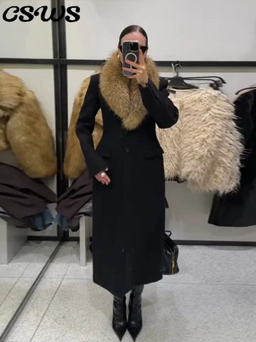 Elegant Faux Fur Wool Long Coat Women Solid Full Sleeve Lapel Patchwork Waist-closed Slim Coats Female Winter Outwear