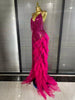 Sparkly Rhinestones Tassel Sheer Dress for Women Sexy V Neck Birthday Celebrate Event Outfit Singer Show Wear Photo Shoot Dress