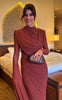 Solid Draped Neckline Long Dress Women Elegant Full Sleeve Cinched-waist Pleated Bodycon Robe Lady Chic Evening Dinner Gown