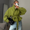 Solid Tie Waist Cinching Suede Jackets Women Chic Stand Up Collar Loose Crop Short Coats Lady Autumn Commute Daily Outfit
