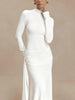 Solid Color Elegant High Neck Long Sleeve Ruched Ribbon Dress Women Bodycon Party Club Evening Dress Winter