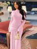 Elegant Pink Irregular Pleated Maxi Dress Women O-Neck Long Sleeve Ruched Slim Long Dress Wedding Guest Evening Party Robes
