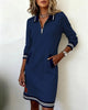 Autumn Winter Versatile Women's Dress Casual Contrasting Color Splicing Lapel Long-sleeved Loose Dress With Pockets