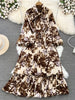 Spring Autumn Women's Long Sleeved Dress Temperament Loose Large Size Lace Up Printed Long Dress Female C329