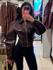 Women Coated Cinched-waist Leather Jacket Retro Casual Lapel Full Sleeve Zipper Fishbone Coats Lady Daily High Street Coat