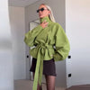 Streetwear Green Belted Jacket Stand Collar Puff Sleeve Cropped Coat Y2k Cool Girl Spring Autumn Casual Outerwear