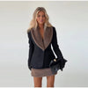 Faux Fur Collar Trim Tweed Set Long Sleeve Side Pockets Chic Women Blazer High Waist Mini Skirt Autumn Elegant Suit