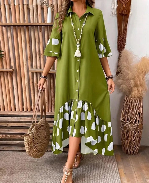 Polka Dot Printed Dress For Women Elegant Commuting Loose Lapel Single Breasted Flared Sleeves Spliced big Hem Dresses