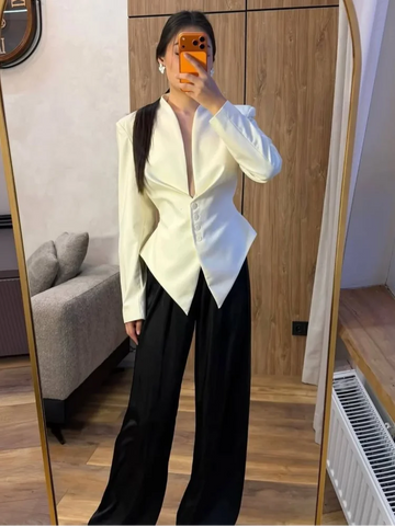 Pleated Waist Cinching Blazer Coat Women Chic Deep V-neck Full-sleeve Single Breasted Slim Coats Lady Commute Jacket