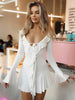 Sexy Black White Patchwork Ruffles Short Dress Women's Long Flare Sleeve Lace-up Evening Party Mini Dresses Female Blue Pink Red