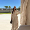 Casual Solid Ruffles Patchwork Robe Women Minimalist Full Sleeve Mesh Loose Fit Lace Up Maxi Dress Vacation Daily Date Wear