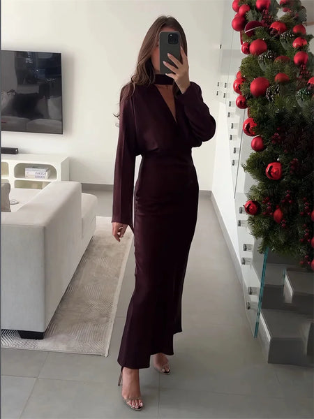 Satin Elegant Long Dress Female Lace-Up Scarf V-Neck Autumn Party Dress Gown Women's Commute Bodycon Dress