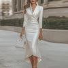 Elegant Office Lady Dress V Neck Long Sleeve Bodycon Dresses For Women Satin Midi Dress Women Party Dresses