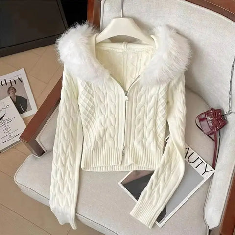 Twist Texture Fur Collar Hooded Knit Cardigan Women Winter Relaxed Slim Casual Joker Sweater Female Coat Tops