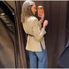 Women's Striped Blazer Belted Single Breasted Long Sleeve Lapel Neck Coat Female Casual Daily Commute Office Jacket