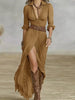 Vintage Solid Single Breasted Slit Long Dresses Women Lapel Belted Slim Pleated Long Sleeve Bohemian Irregular Maxi Dress