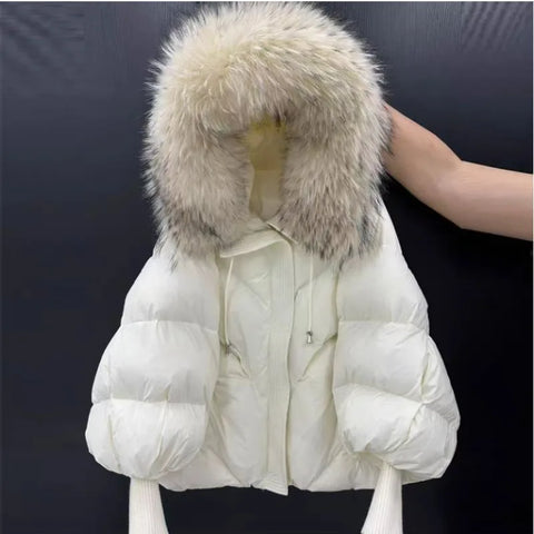 Wool-neck Hooded Down Jacket Winter Thickened Warmth Loose Duck Down Coat Simple Commuting Warm Women's Clothing
