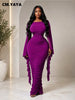 Women Ruffles Long Sleeve Ruched Stacked Bodycon Maxi Long Dress Vacation Party Birthday Long Dresses Vestidos