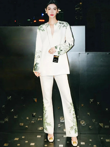 High Street Designer Suit Set Women's Loose Style Long Sleeve Beaded Blouse Tops Flare Pants