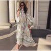 Floral Print Women Dress Button Down Mock Neck Maxi Dresses Long Lantern Sleeve A-Line Waist Belt Flared Hem Elegant Streetwear