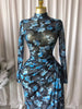 Women Floral Print O-neck Ruched Bodycon Long Maxi Dress Spring Evening Birthday Club Party Vestidos Sexy Dresses