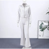 Zipper Plush Jacket Long Pants Lady Set Solid Color Lapel Jackets High Waist Slim Bell-Bottom Trousers Casual Women's Sets