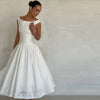 Minimalist White Boat Neck Midi Dress Women Elegant Cap Sleeve A-line Flare Eyelet Embroidery Vestido Wedding Formal Party Gown