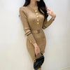 Women Dress Korean O-neck Slim Waist Knitted Pencil Dress with Belt Office Lady Bodycon Vestidos Winter