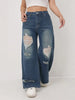 Wide Leg Distressed Straight Jeans for Women Elastic Casual Bootcut Denim Pants Ladies Jeans