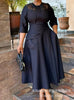 Elegant Churchs Black Dress for Women Round Neck 3/4 Sleeve Pocket Vintage Contrast Midi Dresses Autumn Clothing