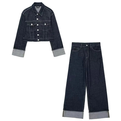 Women Denim Set Casual Lapel Long Sleeve Crop Jacket Buttons Female Vintage Wide Leg Loose Jeans Long Pants