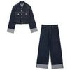 Women Denim Set Casual Lapel Long Sleeve Crop Jacket Buttons Female Vintage Wide Leg Loose Jeans Long Pants